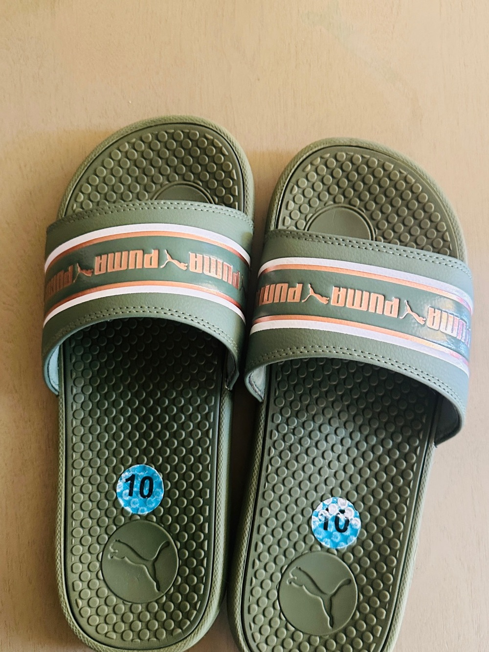 Puma Olive Green Slides with Gold and White Stripes
